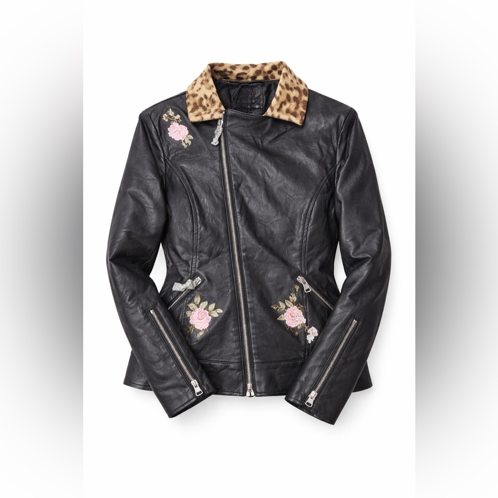 Allure Black Leather Jacket with Floral and Leopard Accents